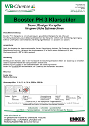 Produktblatt: "Booster PH 3 Klarspüler" ist ein schwach saurer, gewerblicher Klarspüler - ein Produkt der Linker Group der Firma WB-Chemie (Steirische Industriechemie) 
