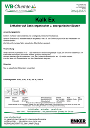 Produktblatt: "Kalk Ex" - Entkalker auf Basis organischer u. anorganischer Säuren - ein Produkt der Linker Group der Firma WB-Chemie (Steirische Industriechemie) 